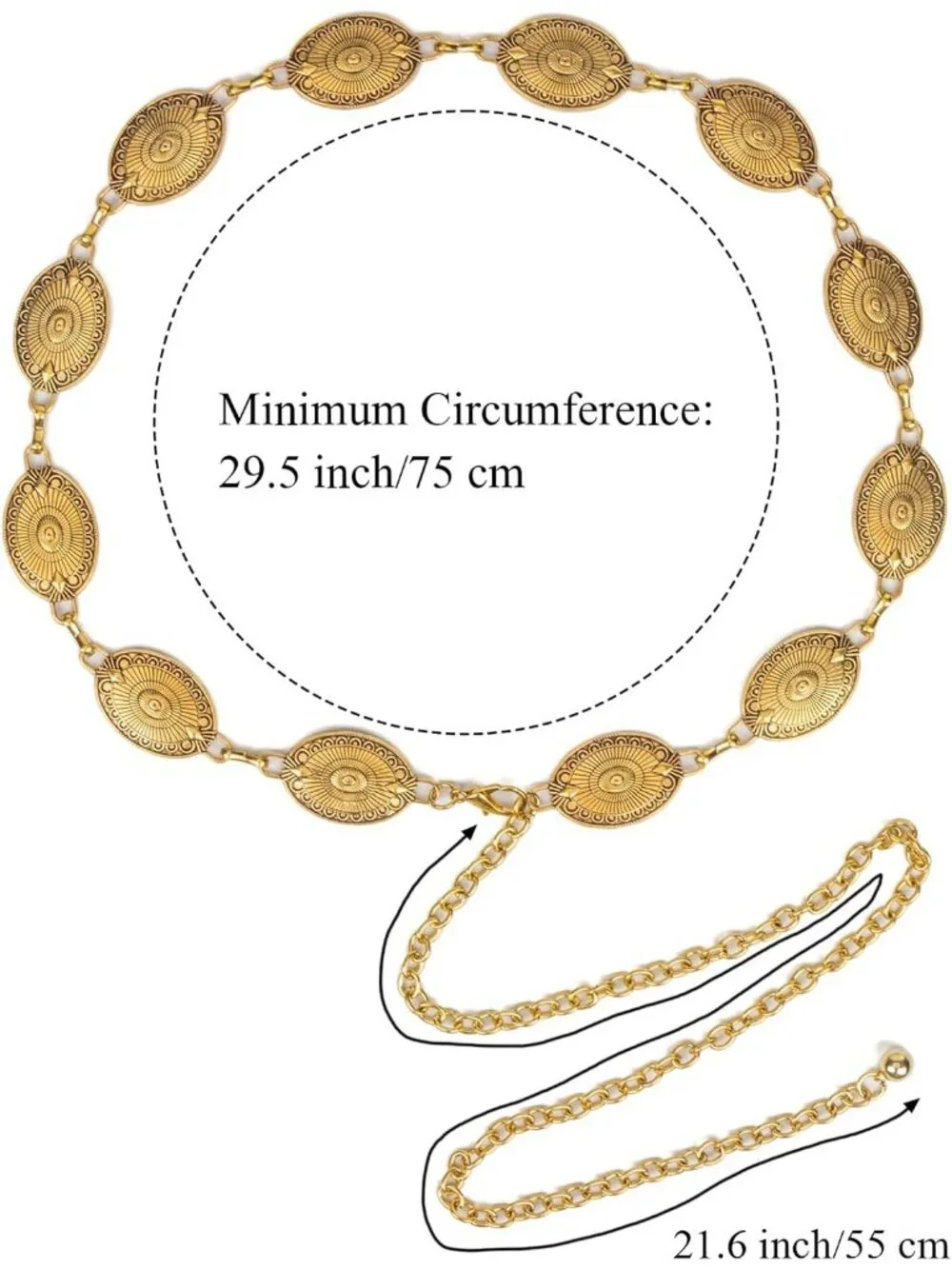 Women's Solid Golden Metal Belt Concho Belt Cowgirl Boho Vintage Chain Belt